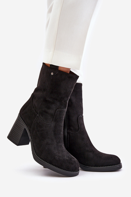 Botki Damskie Ocieplane Na Obcasie Słupku Eko Zamszowe Czarne Vellinga