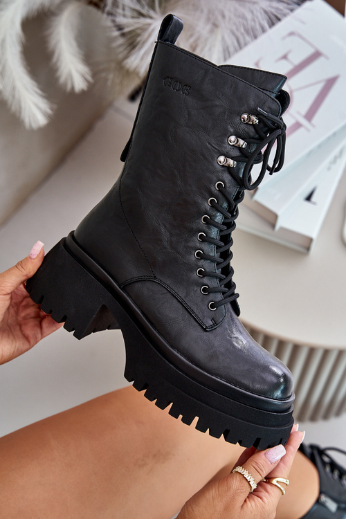 Skórzane Botki Workery Damskie Ocieplane GOE OO2N4121 Czarne