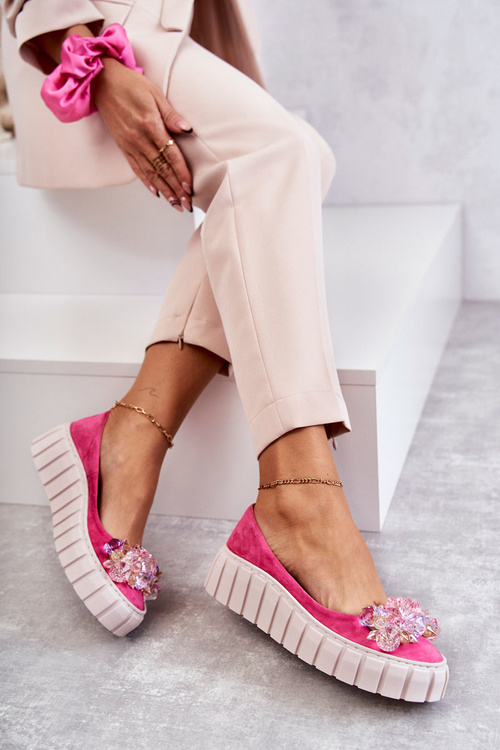 Zamszowe Baleriny Na Platformie Z Ozdobą Fuksja Ladette