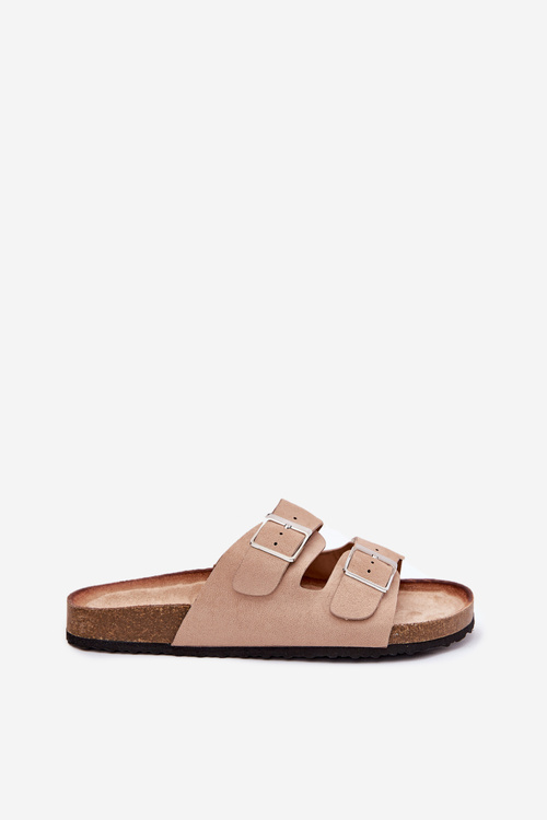 Klapki Damskie Na Korkowej Platformie Klamry Beżowe Evisolla