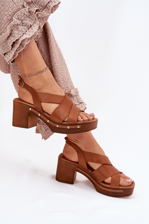 Skórzane Sandały Na Słupku Zazoo 1081 Brązowe