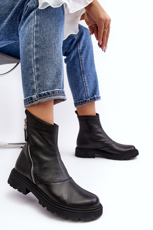 Damskie Skórzane Botki Na Płaskim Obcasie Laura Messi 2620/975 Czarne