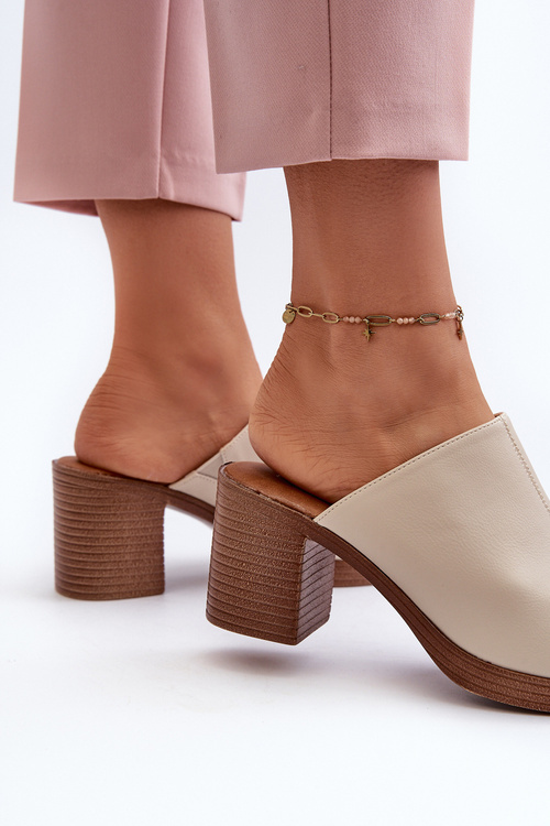 Eleganckie Lekkie Klapki Damskie Na Obcasie Beżowe Varnila