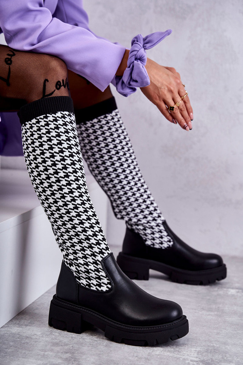 Damskie Kozaki Skarpetkowe W Pepitkę Czarno-Białe Avira