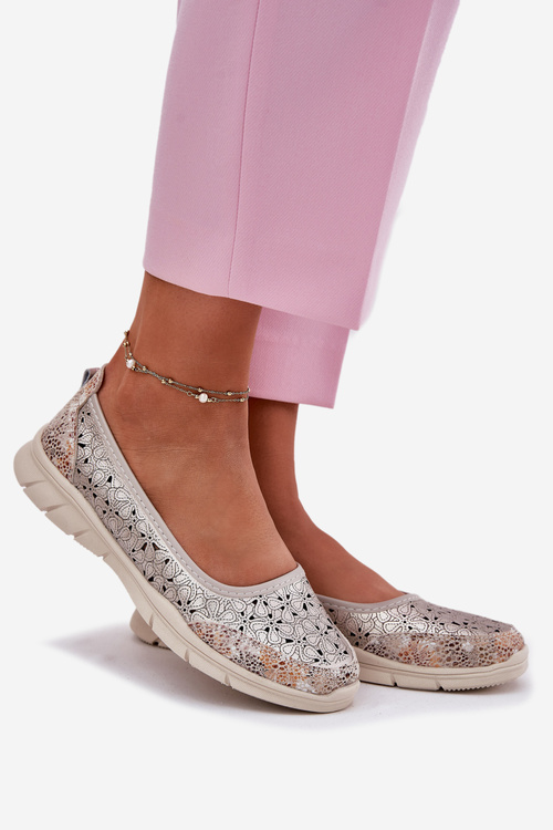 Skórzane Ażurowe Lekkie Baleriny Złote Leaneila