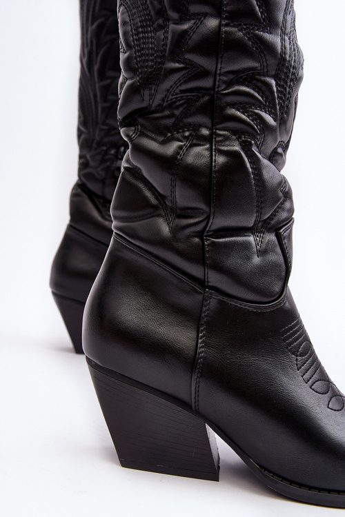 Damskie Skórzane Kozaki Kowbojki Na Słupku Czarne Sloana