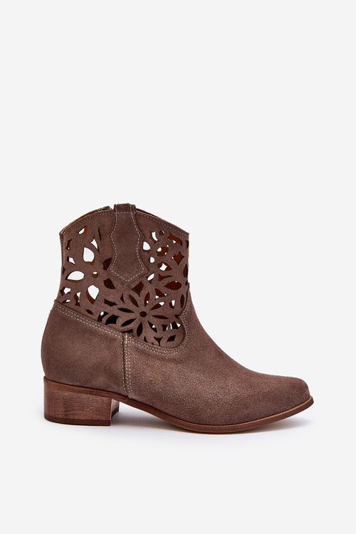 Zazoo 3404 Ażurowe Botki Kowbojki Na Niskim Obcasie Zamszowe Brązowe