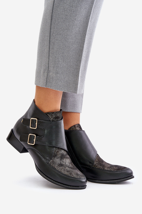 Skórzane Botki Na Niskim Obcasie Z Klamrami Maciejka 06696-01 Czarne