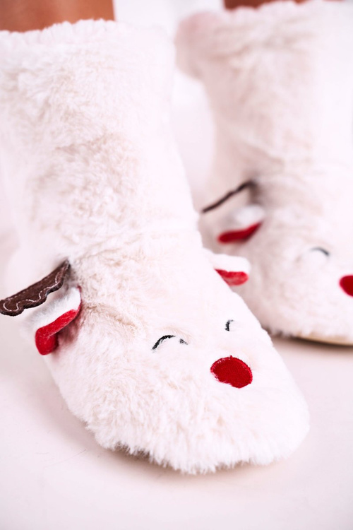 Świąteczne Papcie Z Reniferem Ocieplone Kożuszkiem Białe Rudolph