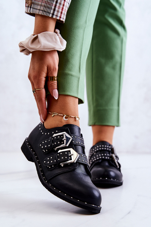 Damskie Skórzane Półbuty Z Klamrami Lu Boo Czarne 