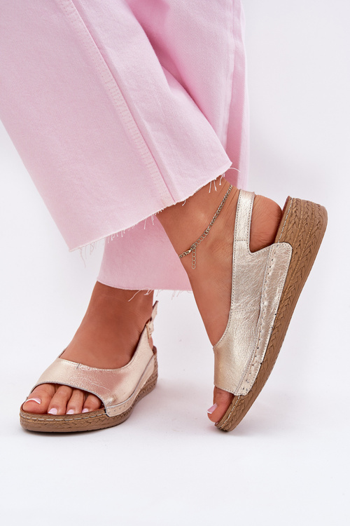 Skórzane Sandały Damskie Na Koturnie Maciejka L7069 -25 Złote