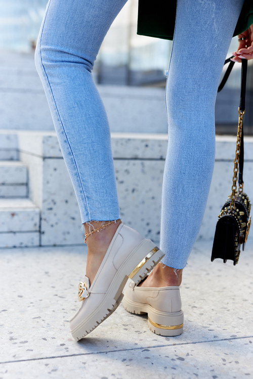 Damskie Skórzane Półbuty Loafery Beżowe Mollie