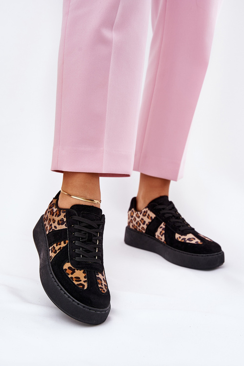 Sneakersy Damskie Z Panterką Na Platformie Czarne Nativira