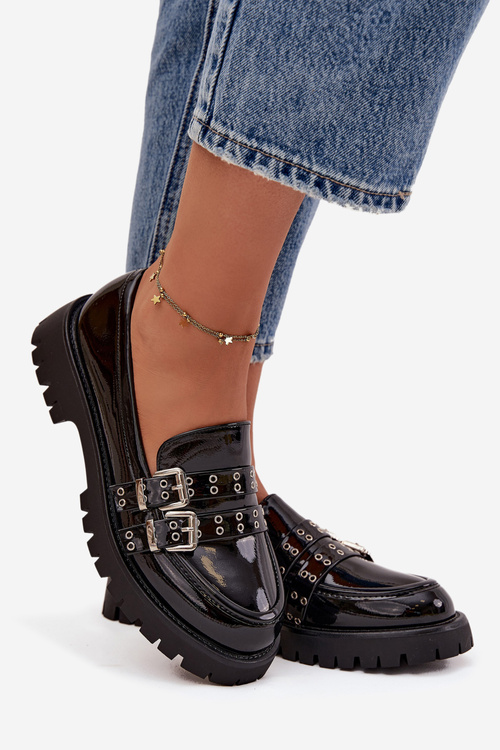 Mokasyny Damskie Lakierowane Z Paskami I Srebrnymi Klamrami Czarne Gabrisse