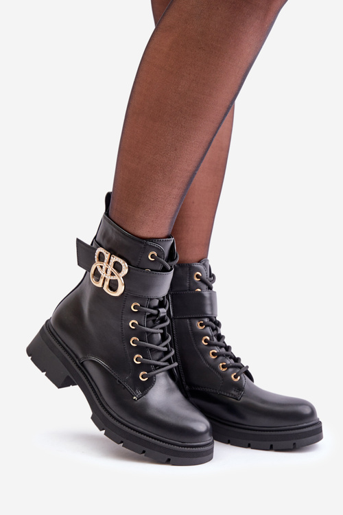 Botki Damskie Ocieplane Ze Złotą Ozdobą Czarne Nealithra