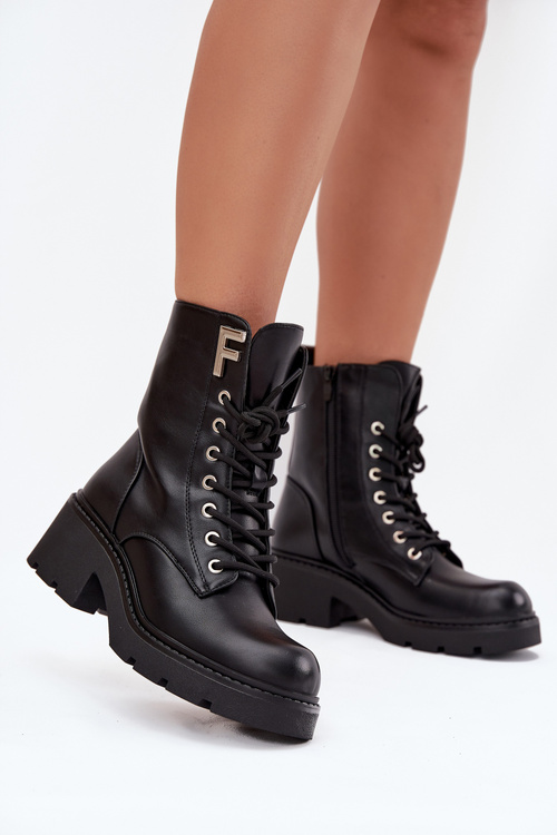 Botki Workery Damskie Na Klocku Ocieplane Z Literą F Czarne Lurina