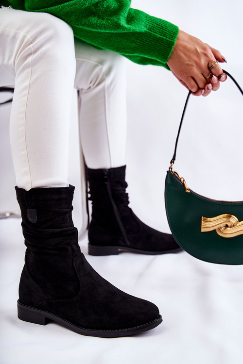 Damskie Marszczone Zamszowe Botki Czarne Joanne