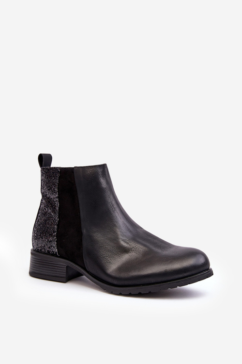 Damskie Sztyblety Botki Na Płaskim Obcasie Z Cekinami Czarne Messio