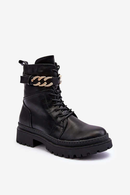 Skórzane Botki Workery Z Ozdobnym Paskiem Czarne Enili