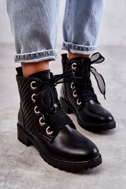 Skórzane Pikowane Botki Z Ociepleniem Czarne Torino