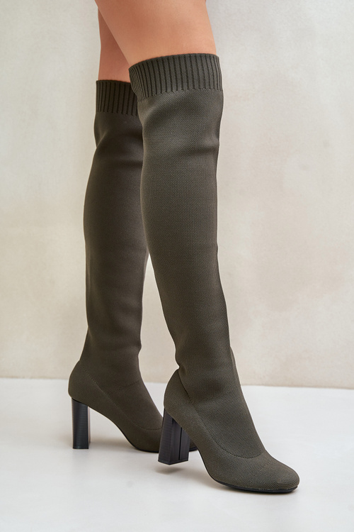 Kozaki Ze Skarpetkową Cholewką Za Kolano Na Słupku Ciemnozielone Esanira