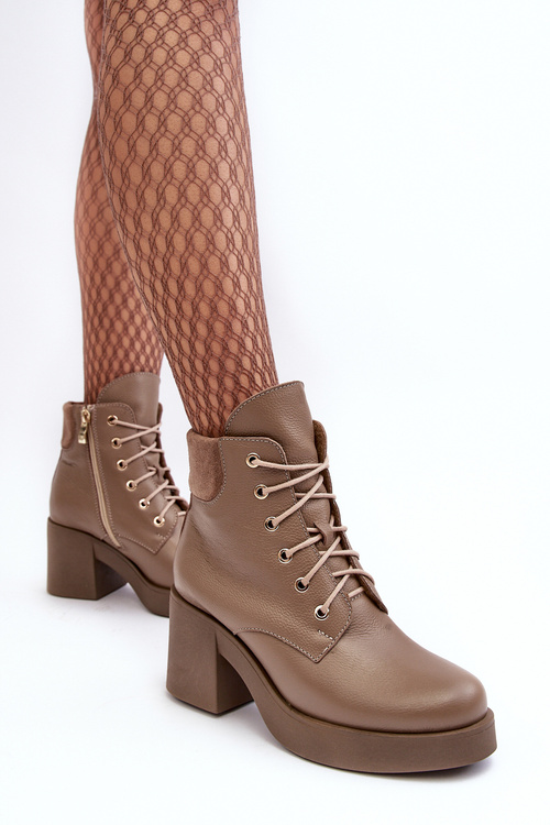 Skórzane Botki Damskie Na Słupku Ciemnobeżowe Lemar Leocera