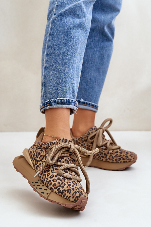 Zamszowe Sneakersy Damskie Na Platformie Z Grubym Sznurowaniem Panterka Artiker 55C0135 Brązowe