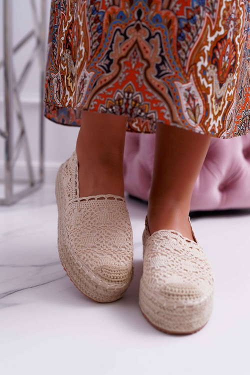 Espadryle Damskie Koronkowe Beżowe Platforma Desante
