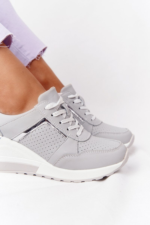 Skórzane Sneakersy Na Koturnie S.Barski Szare