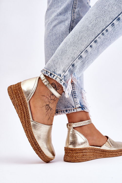 Damskie Skórzane Espadryle Sandały Złote Moise