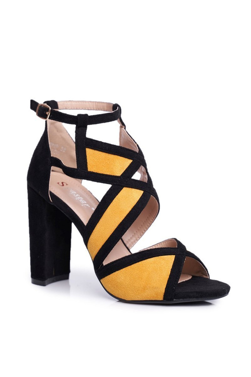 Zamszowe Sandały Na Słupku Czarno-Żółte Emolly