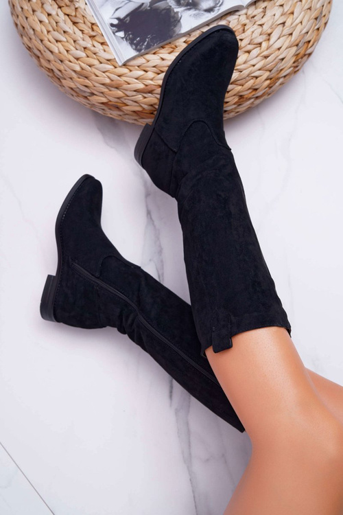 Damskie Kozaki Do Połowy Łydki Zamszowe Czarne Temet