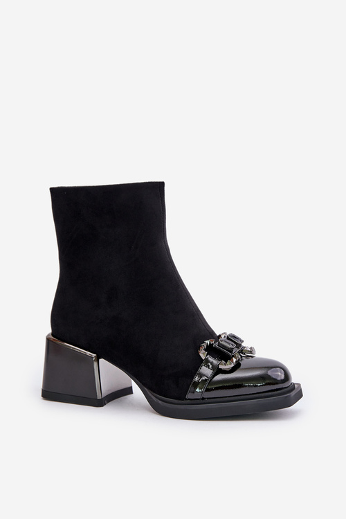 Eleganckie Botki Damskie Na Obcasie Z Ozdobą Czarne MR880-127