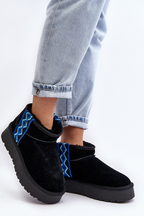 Skórzane Zamszowe Śniegowce Damskie Na Grubej Podeszwie Czarne Vebissat