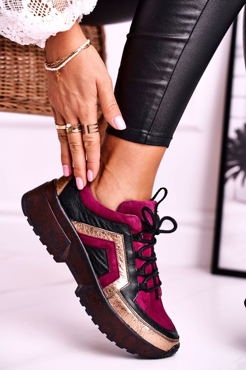 Damskie Półbuty Sneakersy Maciejka Skórzane Bordowe 04731-23