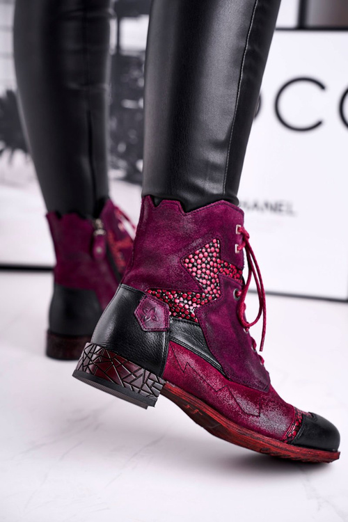 Botki Damskie Skórzane Ocieplane Maciejka Fioletowe 04625-23