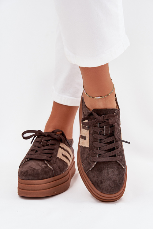Sneakersy Damskie Na Platformie Z Naturalnego Zamszu Czekoladowe Eldira 