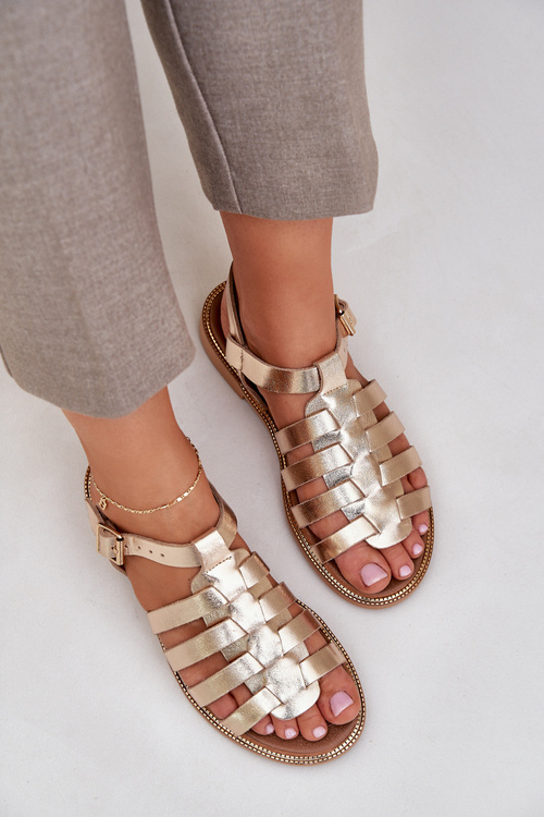 Skórzane Sandały Na Płaskim Obcasie Zazoo 3686 Złote