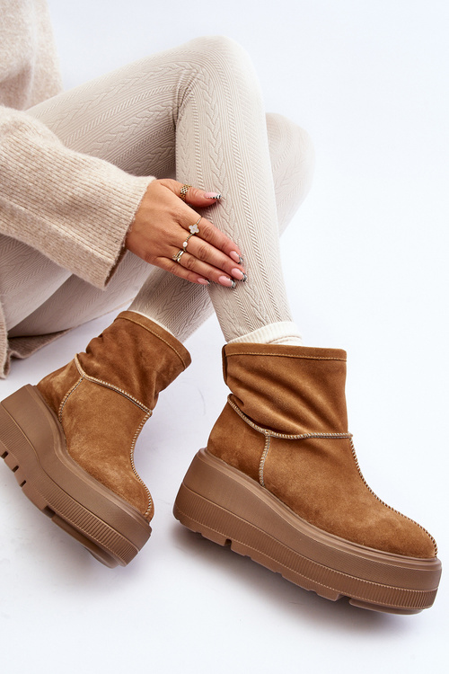 Skórzane Damskie Botki Na Masywnej Podeszwie Camel Zazoo 3424