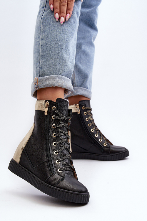 Zazoo 3081 Skórzane Trampki Damskie Na Koturnie Czarne