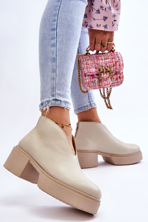 Skórzane Botki Na Masywnym Obcasie Nicole 2795/054 Jasnobeżowe