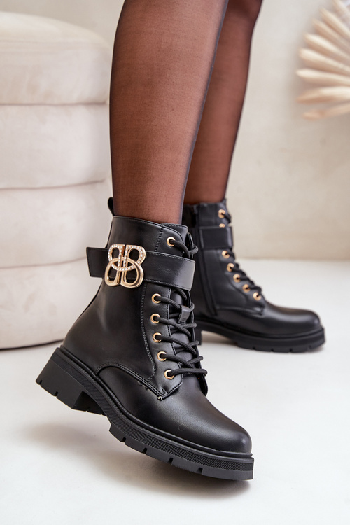 Botki Damskie Ocieplane Ze Złotą Ozdobą Czarne Nealithra