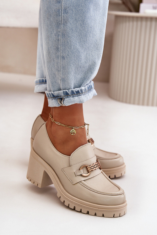 Zazoo 20175 Półbuty Damskie Na Słupku Skóra Naturalna Jasnobeżowe