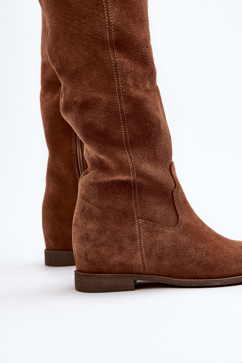 Zazoo 3407 Zamszowe Kozaki Do Kolana Na Płaskim Obcasie Camel