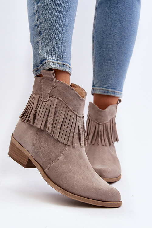 Zazoo 3430 Zamszowe Botki Damskie Z Frędzlami Cappucino