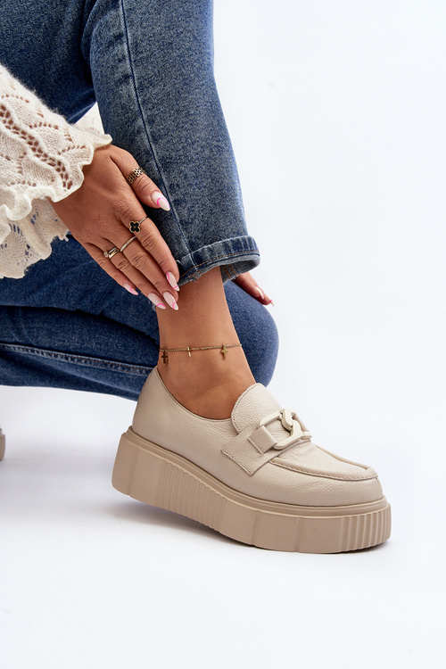 Zazoo 20101 Modne Skórzane Półbuty Na Platformie Jasnobeżowe