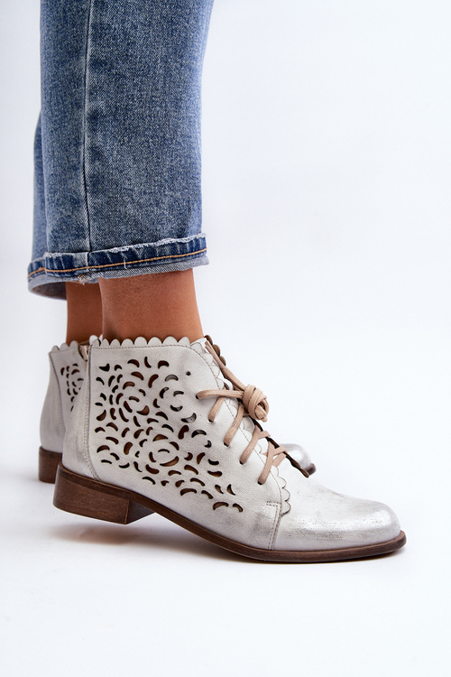 Zazoo 2871 Ażurowe Botki Damskie Sznurowane Srebrne