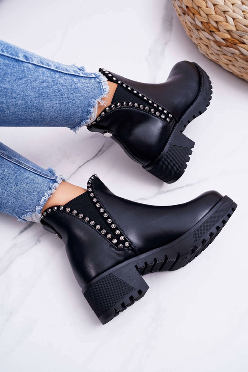 Damskie Botki Sztyblety Z Cyrkoniami Czarne Sissy