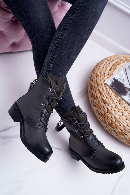 Damskie Botki Workery Big Star Skórzane Szare EE274507