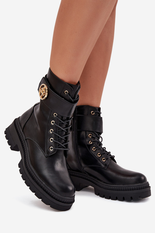 Botki Workery Damskie Ze Złotym Detalem Ocieplane Czarne Fiorena